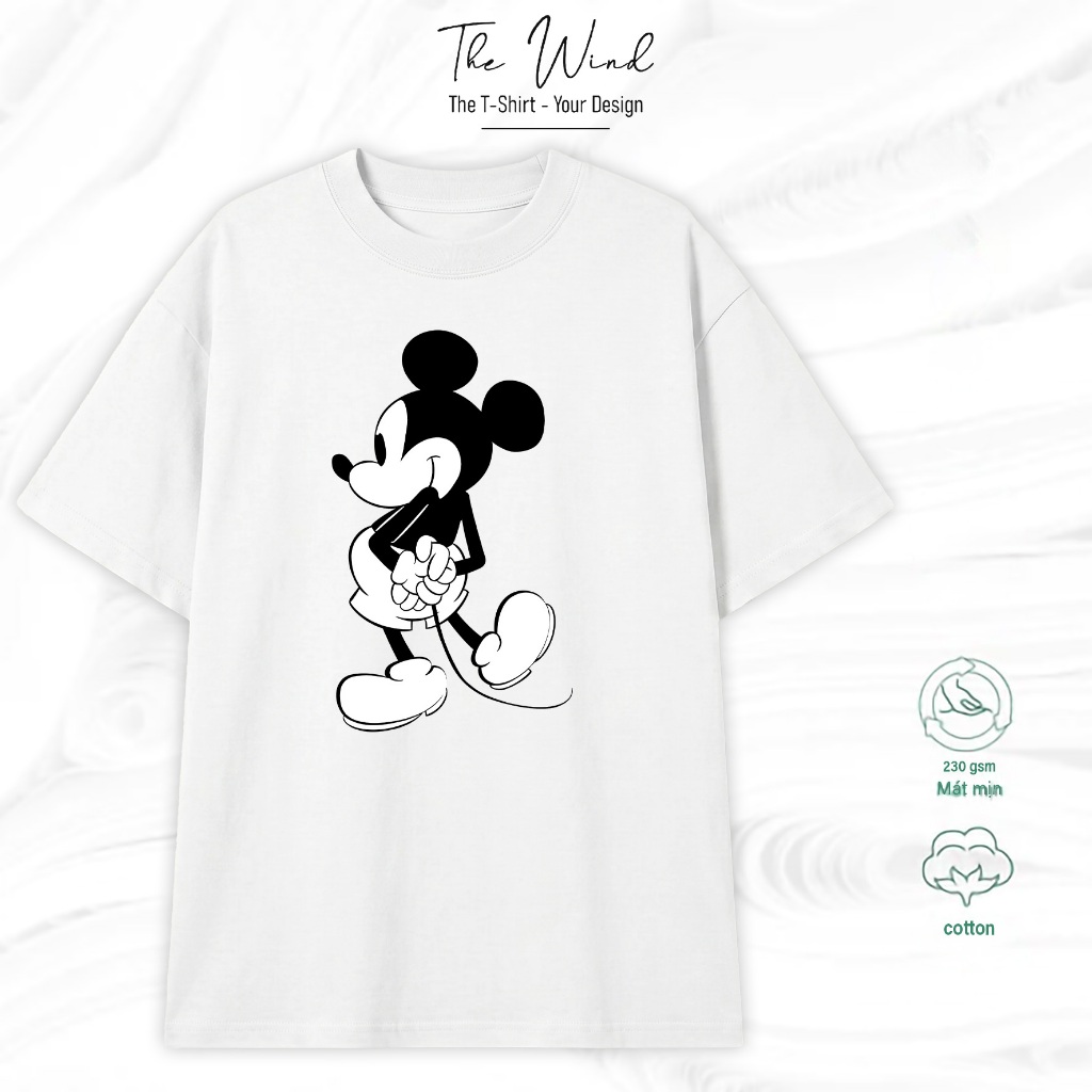 Áo thun in hình chuột Mickey giấu tay ngoái nhìn Unisex Form Rộng Tay Lỡ Cao Cấp Co Giãn 2 Chiều