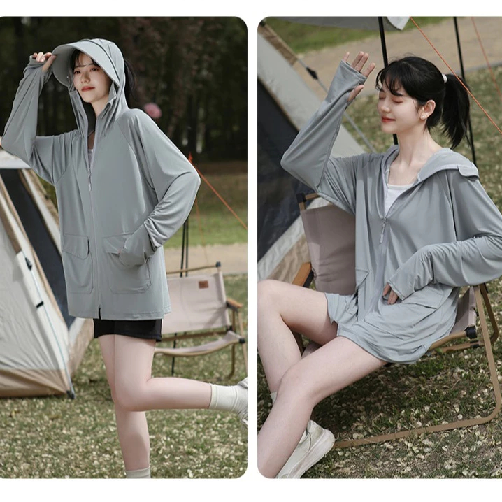Áo chống nắng nữ dáng rộng Bing Chilling UPF50+vải lụa băng cao cấp mát lạnh thoáng khí thiết kế tối ưu vành mũ tháo rời | BigBuy360 - bigbuy360.vn
