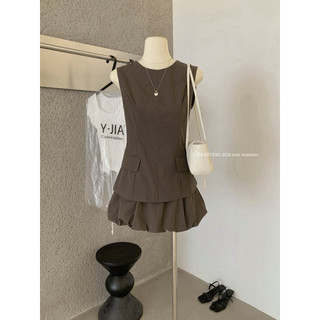 𝐩𝐡𝐢𝐞𝐧 𝐘𝐉𝐈𝐀 | (Sẵn M) 9126 Set Nâu Xám Áo Sát Nách Cổ Tròn Peplum Mix Chân Váy Bí