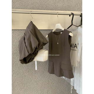 𝐩𝐡𝐢𝐞𝐧 𝐘𝐉𝐈𝐀 | (Sẵn M) 9126 Set Nâu Xám Áo Sát Nách Cổ Tròn Peplum Mix Chân Váy Bí