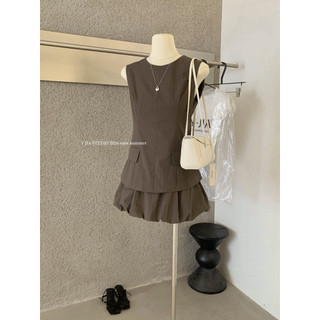 𝐩𝐡𝐢𝐞𝐧 𝐘𝐉𝐈𝐀 | (Sẵn M) 9126 Set Nâu Xám Áo Sát Nách Cổ Tròn Peplum Mix Chân Váy Bí
