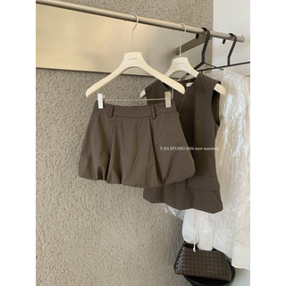 𝐩𝐡𝐢𝐞𝐧 𝐘𝐉𝐈𝐀 | (Sẵn M) 9126 Set Nâu Xám Áo Sát Nách Cổ Tròn Peplum Mix Chân Váy Bí