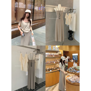 𝐩𝐡𝐢𝐞𝐧 𝐘𝐉𝐈𝐀 | 9123 Set Váy 2 Dây Kẻ Dáng Dài Mix Phông Giấy Trễ Vai