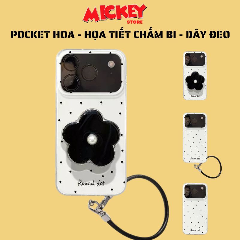 Ốp Lưng Họa Tiết Chấm Bi Kèm Pocket Và Dây Đeo Cho iPhone 11 / 12 / 13 / 14 / 15 / 16 / 17Promax