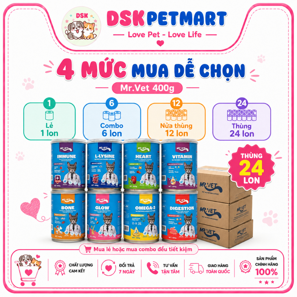 [Thùng 24 Lon] Pate Mèo Mr.Vet Nhiều Vị Lon 400g Cho Mèo Bổ Sung Dinh Dưỡng Tăng Cường L-Lysine