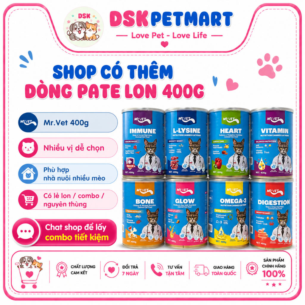 [Thùng 24 Lon] Pate Mèo Mr.Vet Nhiều Vị Lon 400g Cho Mèo Bổ Sung Dinh Dưỡng Tăng Cường L-Lysine