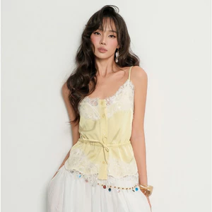 TUBYCATU Áo Hai Dây Lụa Phối Ren Thắt Nơ Eo Lemon Lace Sang Chảnh Quyến Rũ