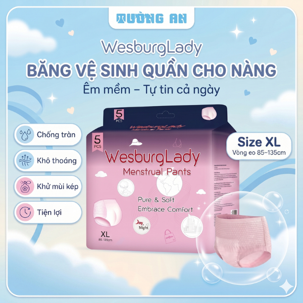 Băng Quần Vệ Sinh Phụ Nữ WesburgLady Ôm 360° Chống Tràn Khô Thoáng Khử Mùi Kép Size XL x5 Quần