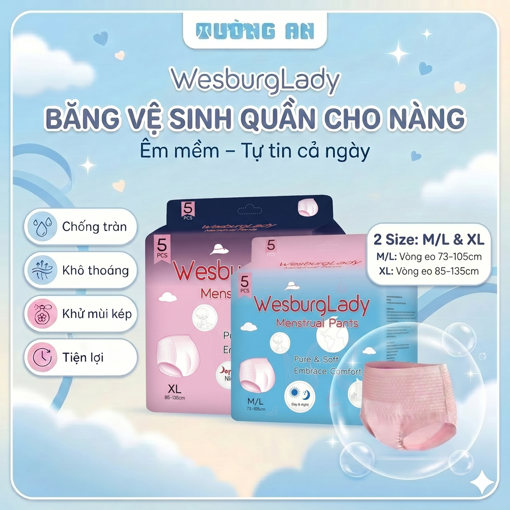 Băng Quần Vệ Sinh Phụ Nữ WesburgLady Ôm 360° Chống Tràn Khô Thoáng Khử Mùi Kép Size M/L/XL x5 Quần