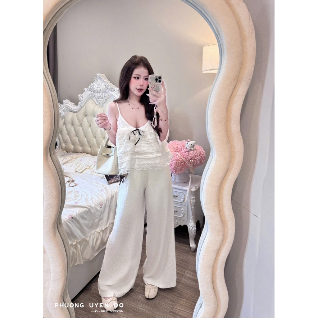 Set áo 2s tầng viền ren phối quần xuông