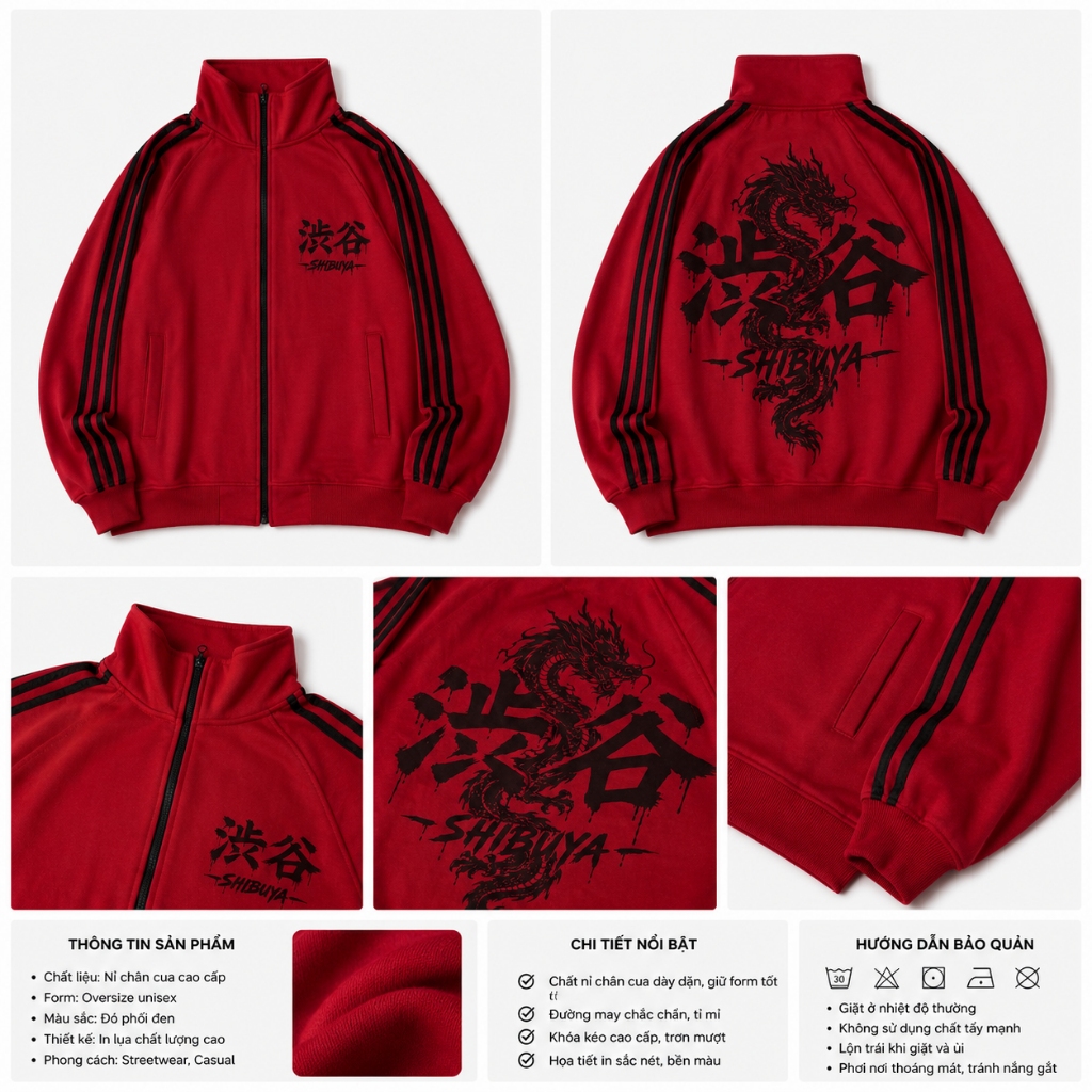 (KHÔNG XÙ LÔNG) - Áo Khoác Rồng Phong Cách Nhật Nỉ Chân Cua Cổ Trụ Form Regular StreetStyle Unisex - BingBing