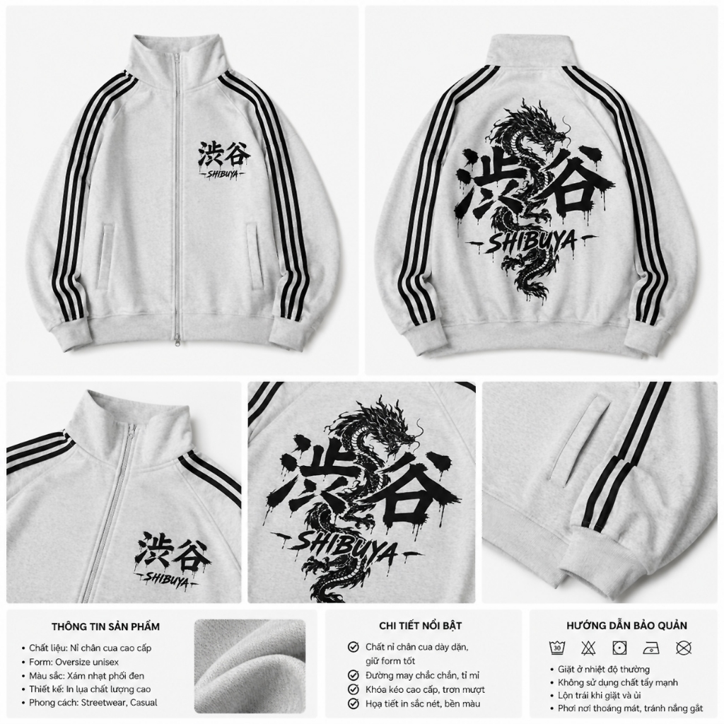 (KHÔNG XÙ LÔNG) - Áo Khoác Rồng Phong Cách Nhật Nỉ Chân Cua Cổ Trụ Form Regular StreetStyle Unisex - BingBing