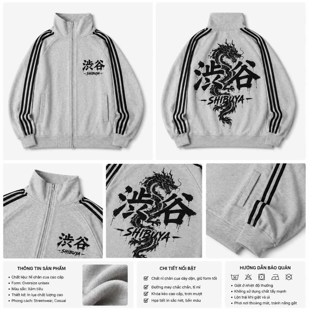 (KHÔNG XÙ LÔNG) - Áo Khoác Rồng Phong Cách Nhật Nỉ Chân Cua Cổ Trụ Form Regular StreetStyle Unisex - BingBing
