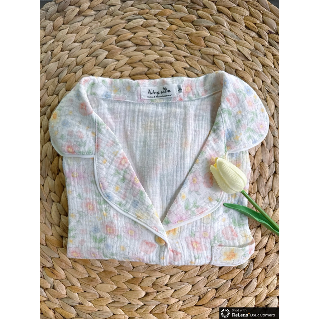[Nắng.room] đồ ngủ pijama tay ngắn quần đùi, vải Muslin hoạ tiết dễ thương vintage 100% cotton mềm mại mặc mùa hè pijama