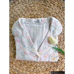 đồ ngủ pijama tay ngắn quần đùi, vải Muslin hoạ tiết dễ thương vintage 100% cotton mềm mại mặc mùa hè pijama