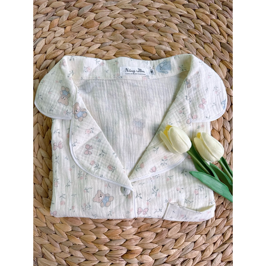 [Nắng.room] đồ ngủ pijama tay ngắn quần đùi, vải Muslin hoạ tiết dễ thương vintage 100% cotton mềm mại mặc mùa hè pijama