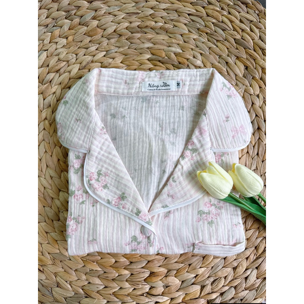 [Nắng.room] đồ ngủ pijama tay ngắn quần đùi, vải Muslin hoạ tiết dễ thương vintage 100% cotton mềm mại mặc mùa hè pijama