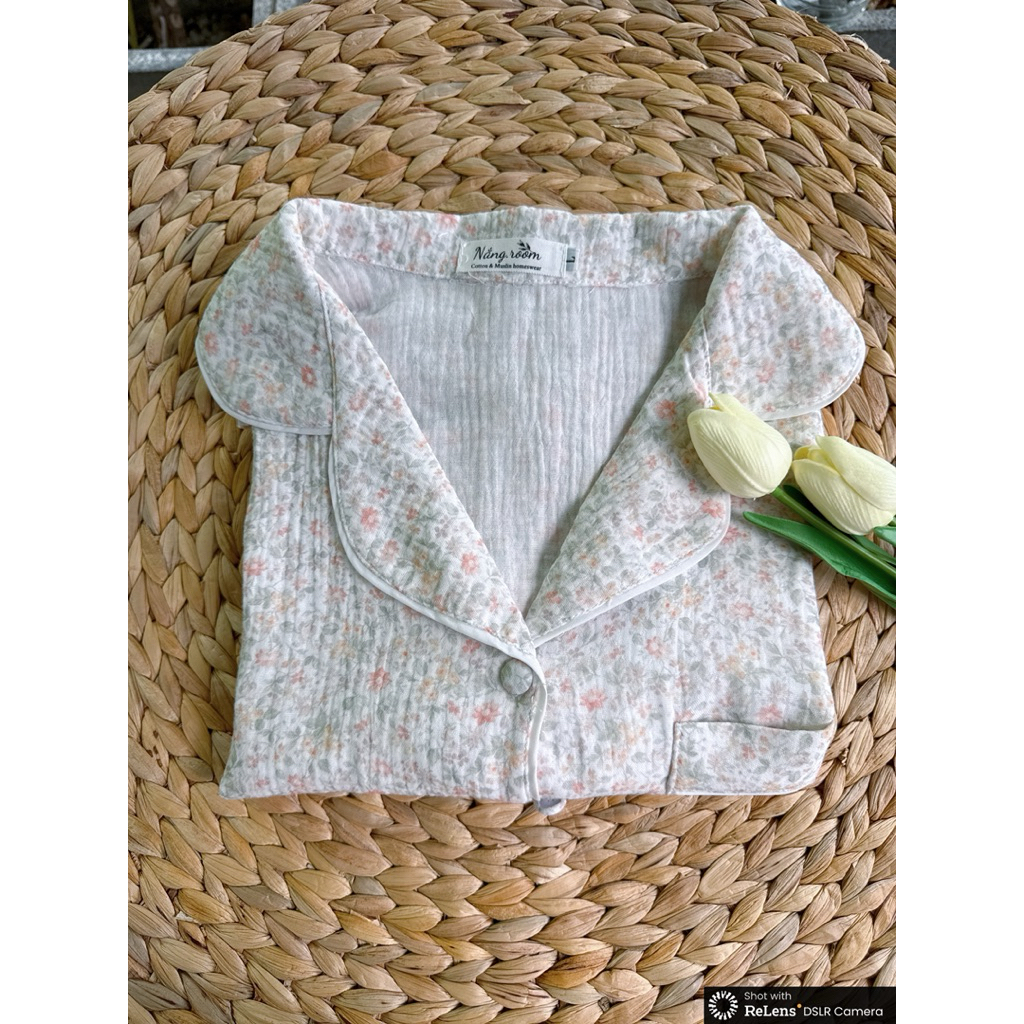 [Nắng.room] đồ ngủ pijama tay ngắn quần đùi, vải Muslin hoạ tiết dễ thương vintage 100% cotton mềm mại mặc mùa hè pijama