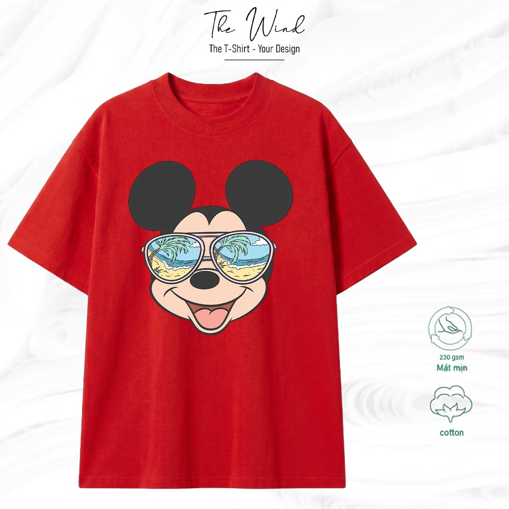 Áo thun in hình Mickey Mouse đeo kính râm bãi biển Vải Cotton Co Giãn 2 Chiều Form Rộng