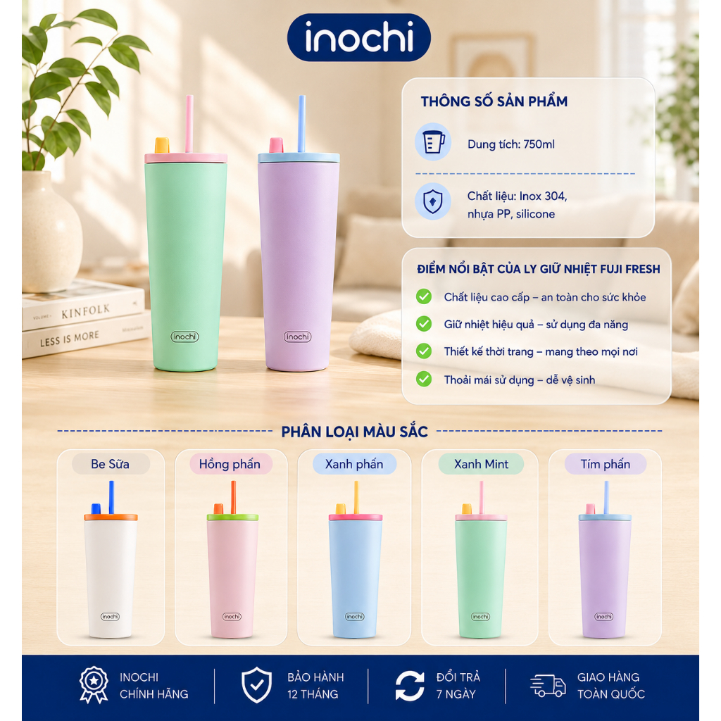 Ly giữ nhiệt Inochi Fuji Fresh 750ml - inox 304 giữ nóng lạnh 6h có ống hút quai xách chống tràn