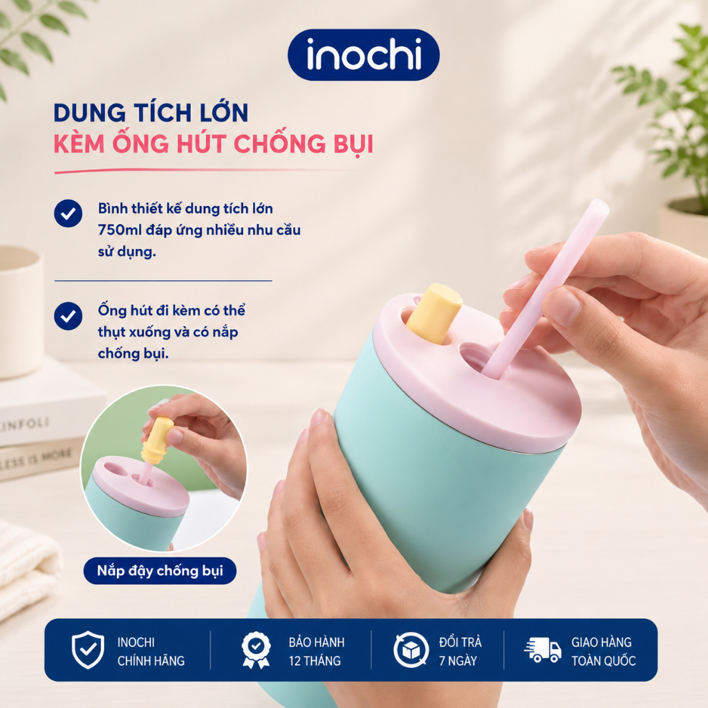 Ly giữ nhiệt Inochi Fuji Fresh 750ml - inox 304 giữ nóng lạnh 6h có ống hút quai xách chống tràn