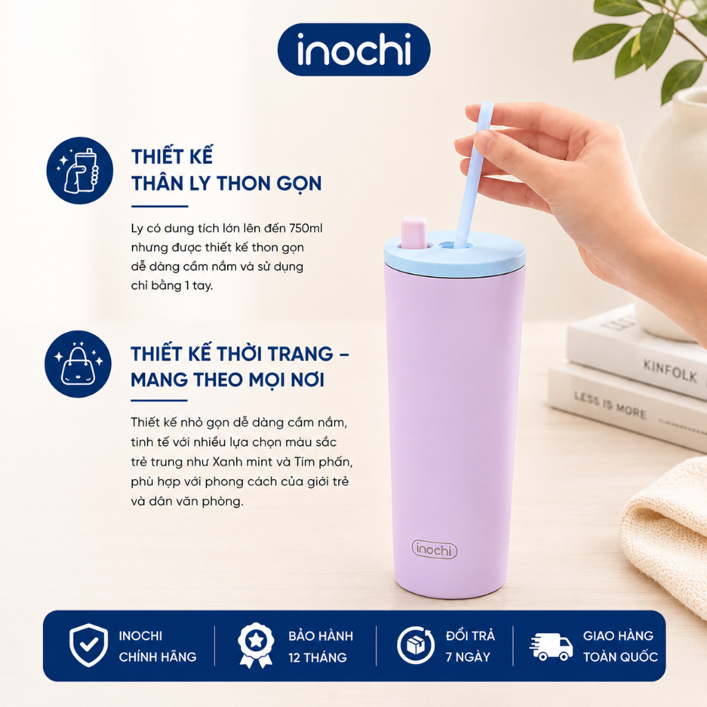 Ly giữ nhiệt Inochi Fuji Fresh 750ml - inox 304 giữ nóng lạnh 6h có ống hút quai xách chống tràn