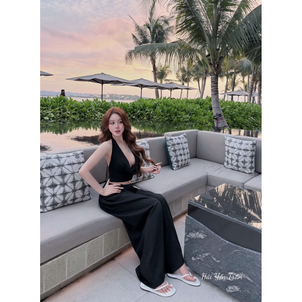 Set đồ nó sang gì đâu😍 fom quần cạp trễ ống siêu rộng tôn dáng hách chân lắm