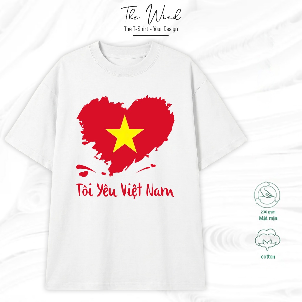 Áo thun in chữ Tôi Yêu Việt Nam và Cờ đỏ sao vàng trái tim Chất Liệu Cotton Cao Cấp