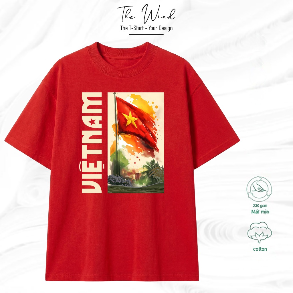 Áo thun in hình cờ đỏ sao vàng Việt Nam nghệ thuật Form Rộng Cotton Việt Mềm Mịn Thoáng Mát