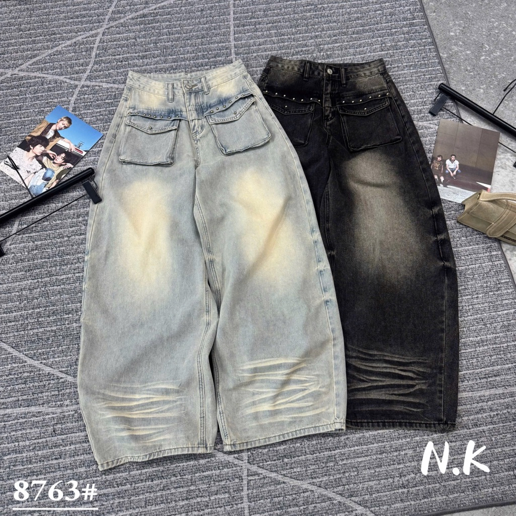 📍Quần Xuông Jeans túi hộp loang tán đinh siu chất hottrend QC loại new e về full 2 màu‼️