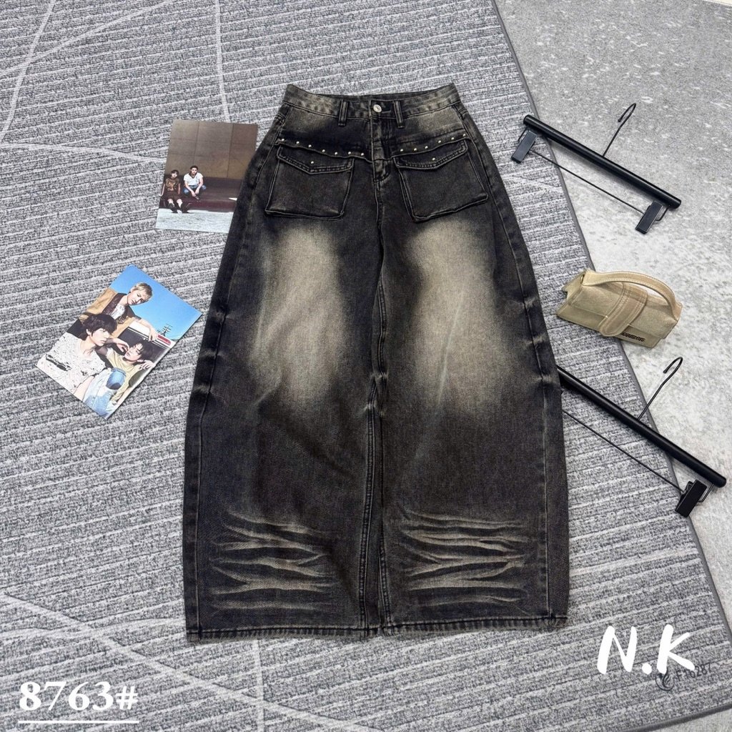 📍Quần Xuông Jeans túi hộp loang tán đinh siu chất hottrend QC loại new e về full 2 màu‼️