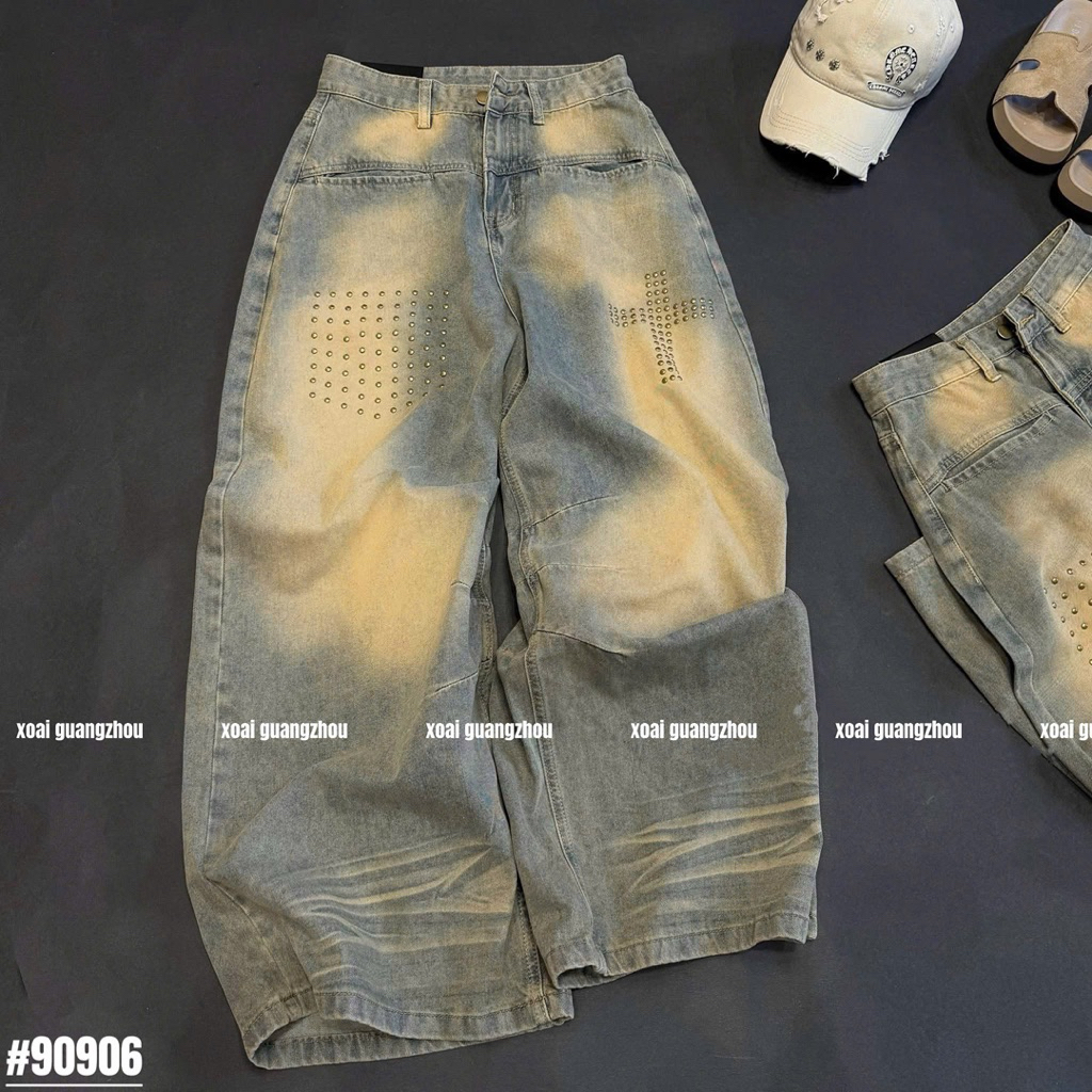 🥭Siu phẩm jeans xuông loang màu bịu tán đinh túi trước tone màu siu slayy hàng QC loại 1 new