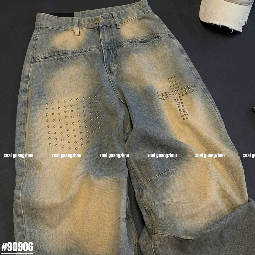 🥭Siu phẩm jeans xuông loang màu bịu tán đinh túi trước tone màu siu slayy hàng QC loại 1 new