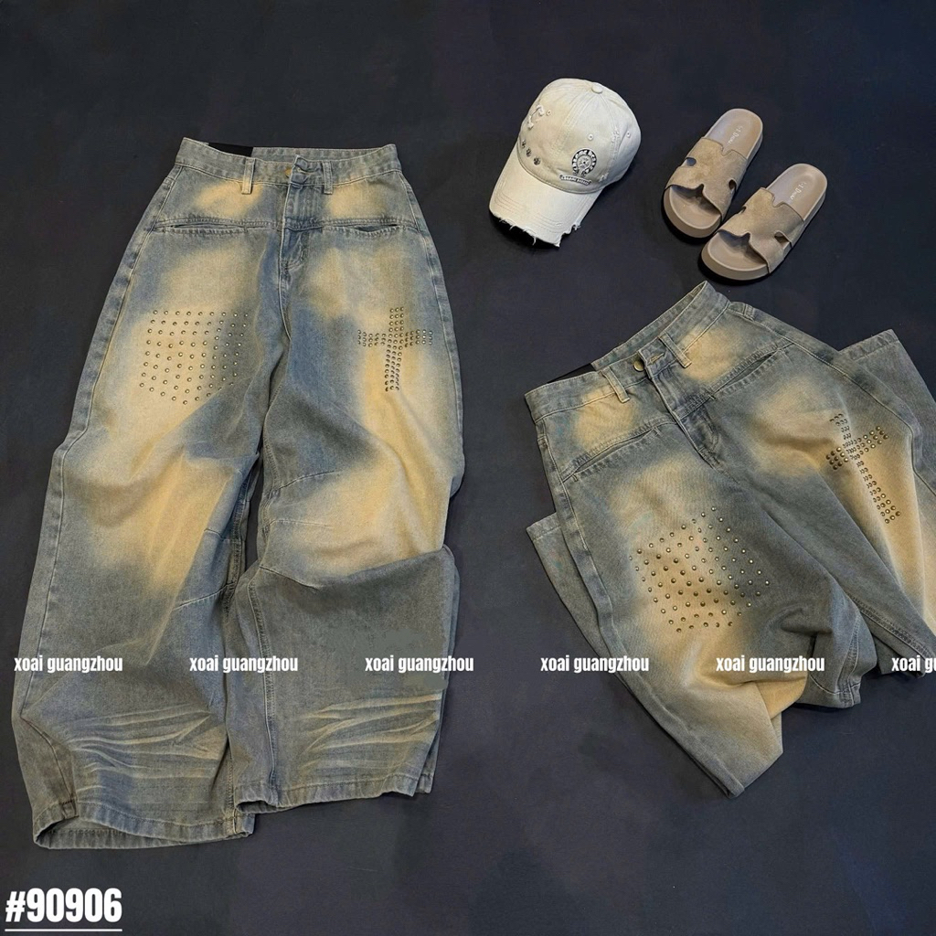 🥭Siu phẩm jeans xuông loang màu bịu tán đinh túi trước tone màu siu slayy hàng QC loại 1 new