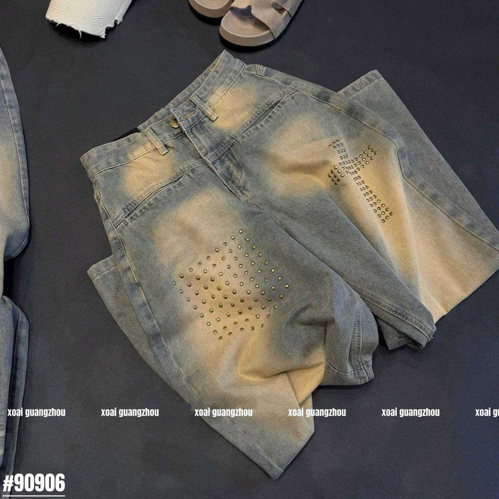 🥭Siu phẩm jeans xuông loang màu bịu tán đinh túi trước tone màu siu slayy hàng QC loại 1 new