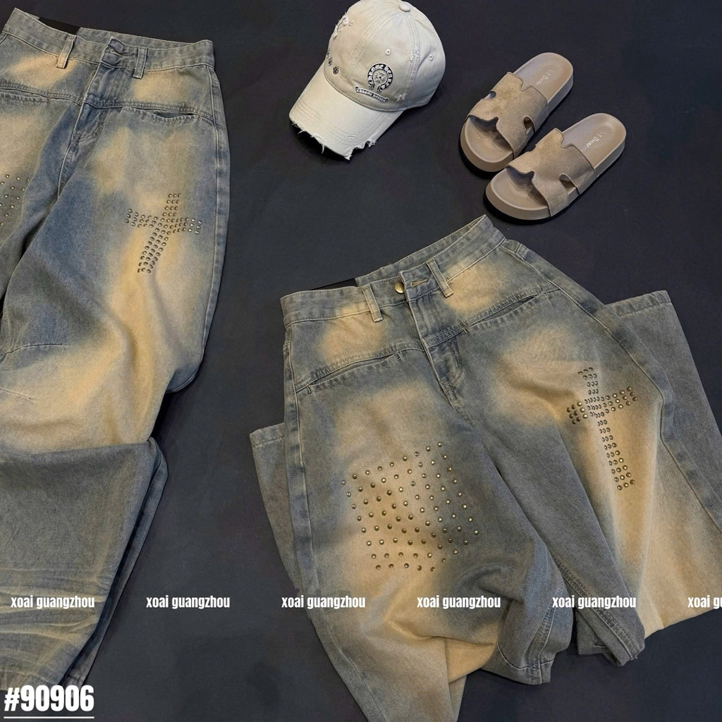 🥭Siu phẩm jeans xuông loang màu bịu tán đinh túi trước tone màu siu slayy hàng QC loại 1 new