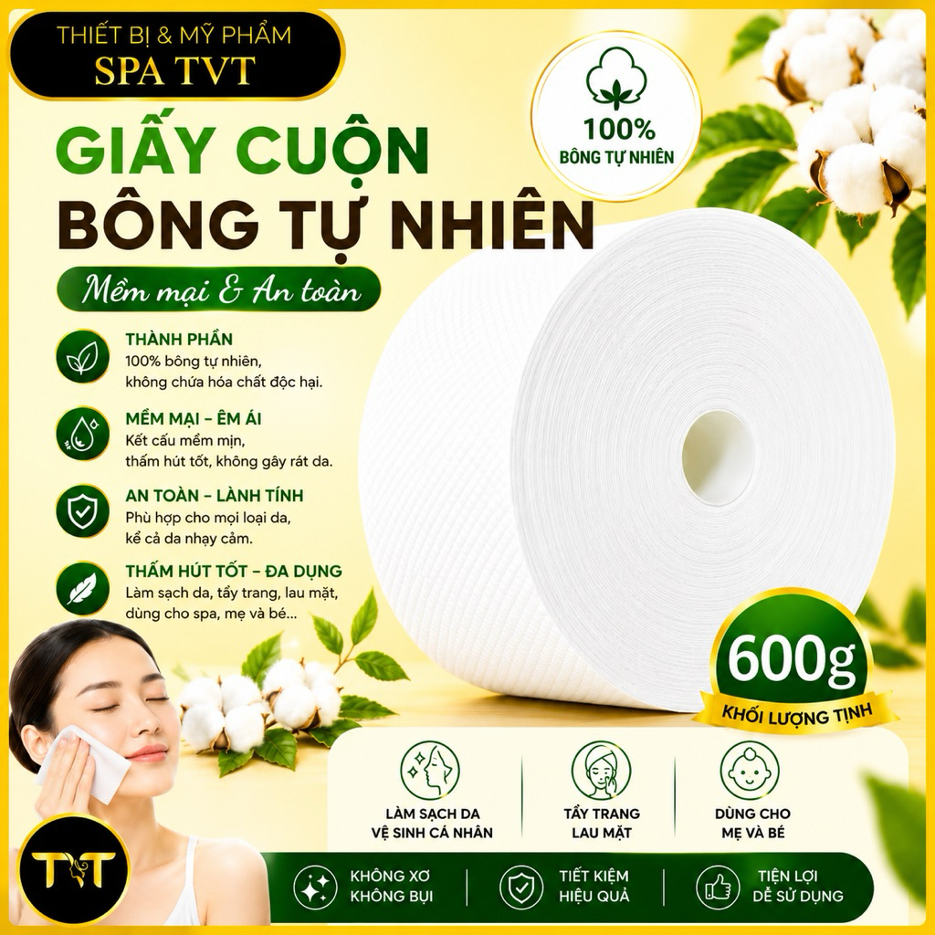 GIẤY CUỘN SPA 320G 600G, KHĂN MẶT DÙNG MỘT LẦN, VẢI KHÔNG DỆT BÔNG TỰ NHIÊN, THẤM HÚT TỐT TVT