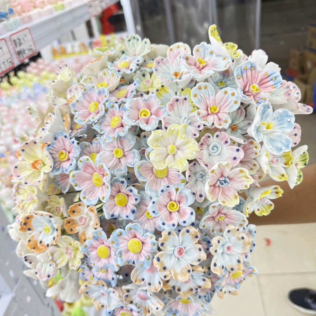 Hoa Gốm Sứ Chấm Men Chuyển Màu Trang Trí Để Bàn, Hoa Cắm Bình Decor Phòng Khách, Bàn Làm Việc