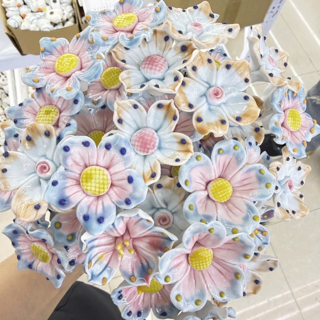 Hoa Gốm Sứ Chấm Men Chuyển Màu Trang Trí Để Bàn, Hoa Cắm Bình Decor Phòng Khách, Bàn Làm Việc