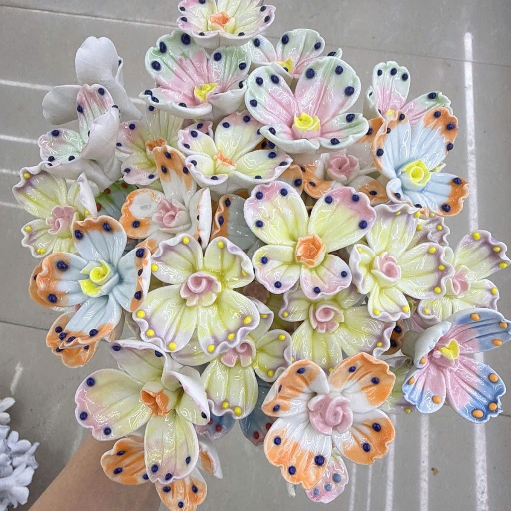 Hoa Gốm Sứ Chấm Men Chuyển Màu Trang Trí Để Bàn, Hoa Cắm Bình Decor Phòng Khách, Bàn Làm Việc