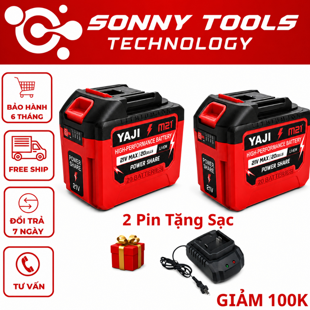 (Combo 2 Pin 20 Cell Tặng 1 Sạc) - Pin 20Cell YAJI  Lõi Xám Mạch3mosfet Có Đèn Báo Dung Lượng Chân Pin Phổ Thông m21-4cm