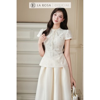 Set Váy Công Sở Cao Cấp La Rosa Áo Ren Ôm Dáng Buộc Nơ Cổ Sang Chảnh Phối Chân Váy Xòe Nhẹ Tôn Dáng T541