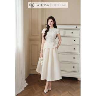 Set Váy Công Sở Cao Cấp La Rosa Áo Ren Ôm Dáng Buộc Nơ Cổ Sang Chảnh Phối Chân Váy Xòe Nhẹ Tôn Dáng T541