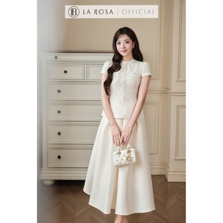 Set Váy Công Sở Cao Cấp La Rosa Áo Ren Ôm Dáng Buộc Nơ Cổ Sang Chảnh Phối Chân Váy Xòe Nhẹ Tôn Dáng T541