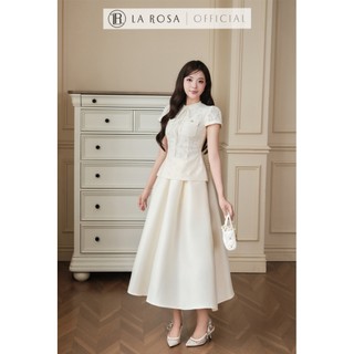 Set Váy Công Sở Cao Cấp La Rosa Áo Ren Ôm Dáng Buộc Nơ Cổ Sang Chảnh Phối Chân Váy Xòe Nhẹ Tôn Dáng T541