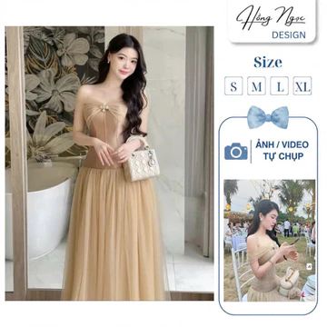 Váy dáng dài đính đá váy trễ vai váy nữ dự tiệc cưới váy nâu lưới liền siêu xinh Hồng Ngọc Design