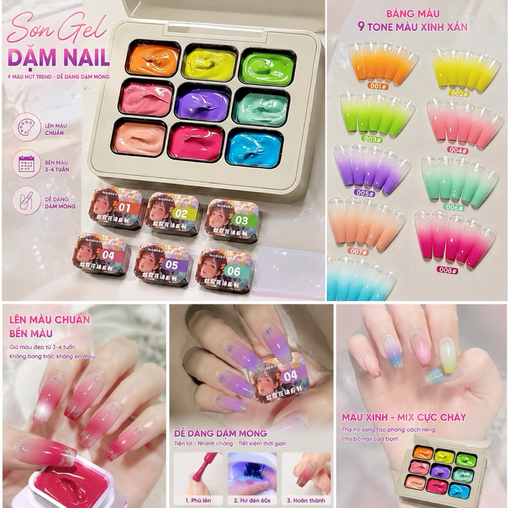 Set gel dặm ombre 9 màu chất mịn mướt đa năng , dùng dặm ombre ,vẽ, chà tráng gương chất đặc mịn