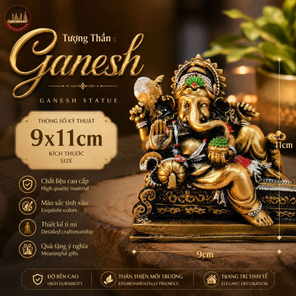 Tượng Decor Mini Thần Voi Ganesha 11cm Trang Trí Taplo ô tô hoặc Kệ Trang Trí Nhỏ Xinh