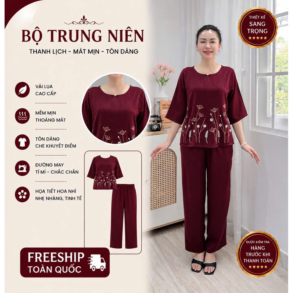 Y47 Đồ bộ trung niên lụa Ruby cao cấp quần dài đủ size thiết kế thanh lịch