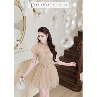 Đầm Dự Tiệc Thiết Kế Tiểu Thư La Rosa Đầm Cổ Tròn Xếp Ly Phối Lưới Xuyên Thấu Kèm Đai Nơ Eo, Đính Đá Nổi Bật V1473